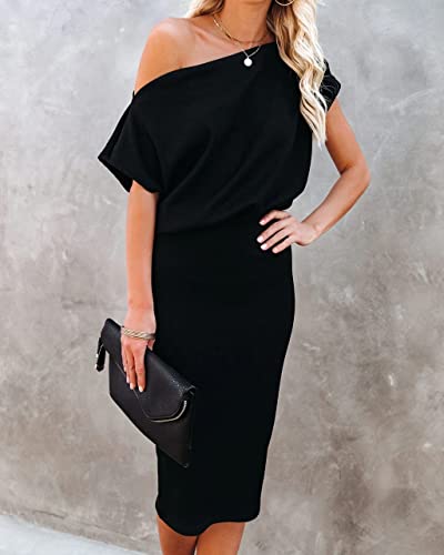 Ezbelle Women's Off The Shoulder Short Sleeve Ribbed Bodycon Casual Summer Party Pencil Dress Black 8-10