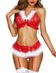 RSLOVE Women Christmas Lingerie Set with Garter Belts Sexy Santa Babydoll Teddy 4 Piece Bra and Panty Set with Hat Red XXL