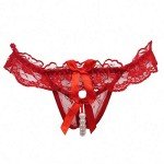 Women Pearl Lace Bowknot Beads Lace Panties Erotic Thong Lingerie Underwear (M-L, Red)