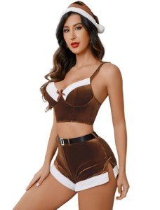 Avidlove Christmas Outfits for Women Sexy Santa Costume Velvet Xmas Christmas Set with Christmas Hat Brown Small