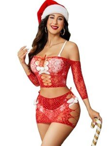Avidlove Womens Christmas Lingerie Set Fishnet Babydoll Sexy Mesh Chemise Rhinestone Fishnet Lingerie Red M