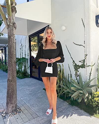 Wenrine Women's Mesh Long Sleeve Square Neck Ruched Party Club Cocktail Bodycon Mini Dress Black