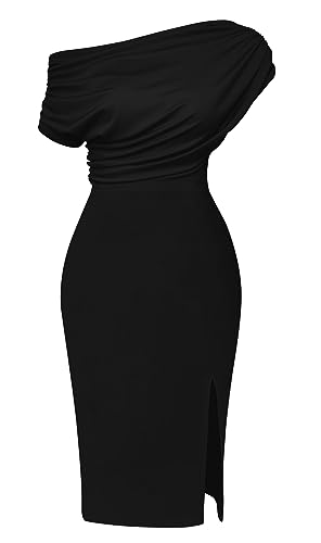 Memoriesea Women's Elegant Off Shoulder Split Hem Bodycon Ruched Midi Club Party Dress Black