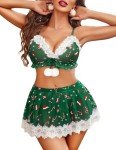 Avidlove Women's Lingerie Sexy Christmas Set Santa Babydoll Lingerie Lace Trim Bra and Skirt Reindeer Print Lingerie Dress Santa Print Green Small
