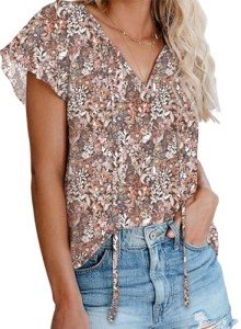 Dokotoo Womens Fashion 2024 Floral Printed V Neck Tie Top Boho Short Sleeve Blouses Juniors Loose Chiffon Shirts Large Khaki