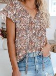 Dokotoo Womens Fashion 2024 Floral Printed V Neck Tie Top Boho Short Sleeve Blouses Juniors Loose Chiffon Shirts Large Khaki