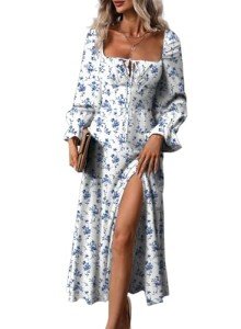 BLENCOT Casual Women's Square Neck Long Sleeve Split Thigh Dress Boho Floral Print A-line Tie Front Midi Dresses White S