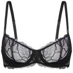 DOBREVA Women's Balconette Push Up Bra Sexy Lace Plus Size Unlined Sheer Underwire Black 34B