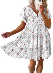 Dokotoo Womens Summer Dresses Short Sleeve Casual V Neck Floral Printed Boho Swing Mini Dress for Women Sundresses 2024 White X-Large