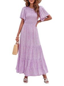 ZESICA Women's 2024 Summer Casual Floral Print Short Flutter Sleeve Crew Neck Smocked High Waist Flowy Maxi Dress,Purple,Medium