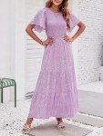 ZESICA Women's 2024 Summer Casual Floral Print Short Flutter Sleeve Crew Neck Smocked High Waist Flowy Maxi Dress,Purple,Medium