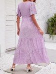 ZESICA Women's 2024 Summer Casual Floral Print Short Flutter Sleeve Crew Neck Smocked High Waist Flowy Maxi Dress,Purple,Medium