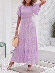 ZESICA Women's 2024 Summer Casual Floral Print Short Flutter Sleeve Crew Neck Smocked High Waist Flowy Maxi Dress,Purple,Medium