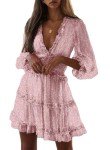 Dokotoo Womens Casual Summer Spring Floral Print Deep V Neck Long Sleeve Short Mini Skater Swing Dresses Pink M