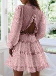 Dokotoo Womens Casual Summer Spring Floral Print Deep V Neck Long Sleeve Short Mini Skater Swing Dresses Pink M