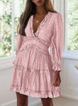 Dokotoo Womens Casual Summer Spring Floral Print Deep V Neck Long Sleeve Short Mini Skater Swing Dresses Pink M
