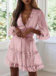 Dokotoo Womens Casual Summer Spring Floral Print Deep V Neck Long Sleeve Short Mini Skater Swing Dresses Pink M
