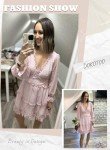Dokotoo Womens Casual Summer Spring Floral Print Deep V Neck Long Sleeve Short Mini Skater Swing Dresses Pink M