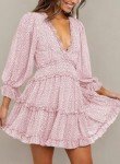 Dokotoo Womens Casual Summer Spring Floral Print Deep V Neck Long Sleeve Short Mini Skater Swing Dresses Pink M