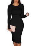XXTAXN Women's Sexy Bodycon Long Sleeve Round Neck Work Office Midi Pencil Dress Black