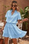 Dokotoo Women Dresses Cute Spring Boho Summer Casual Sexy Deep V Neck Ruffle Chiffon Lantern Short Sleeve Elegant Hawaiian Flowy Pleated Mini Short Dresses for Women 2024 Blue US16 18