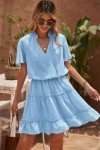 Dokotoo Women Dresses Cute Spring Boho Summer Casual Sexy Deep V Neck Ruffle Chiffon Lantern Short Sleeve Elegant Hawaiian Flowy Pleated Mini Short Dresses for Women 2024 Blue US16 18