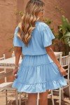 Dokotoo Women Dresses Cute Spring Boho Summer Casual Sexy Deep V Neck Ruffle Chiffon Lantern Short Sleeve Elegant Hawaiian Flowy Pleated Mini Short Dresses for Women 2024 Blue US16 18