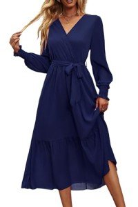 PRETTYGARDEN Women's Floral Print Boho Dress Long Sleeve Wrap V Neck Ruffle Belted A-Line Flowy Maxi Dresses (Solid Navy,XX-Large)