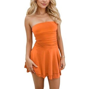 LOFAAC Women Sexy Strapless Ruched Tube Mini Dress Y2K Sleeveless Off Shoulder Flowy Ruffle Backless Bodycon Short Dress Orange