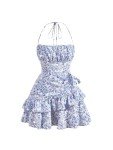 SOLY HUX Women's Floral Print Halter Tie Back Dress Ruffle Trim Flowy Casual Short Dresses Blue and White M