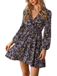 CUPSHE Women's V Neck Ditsy Floral Mini Dress Long Sleeve A Line Dress Surplice Short Dress Multicoloured