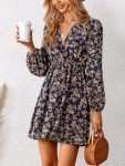 CUPSHE Women's V Neck Ditsy Floral Mini Dress Long Sleeve A Line Dress Surplice Short Dress Multicoloured