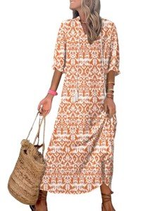 Dokotoo Cocktail Dresses Tassel Tie V Neck Summer Dresses 2024 Short Frill Sleeve Ruffle A-Line Long Dresses Casual Flowy Maxi Dress Boho Beach Dress for Women Evening Party Orange Large