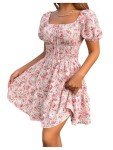 Floerns Women's Boho Square Neck Puff Short Sleeve Self Tie Front A Line Dress A Pink L