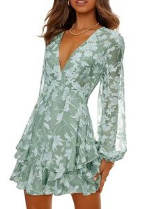 Dokotoo Womens Ladies Casual Summer Birthday Spring Ruffle Elegant Floral Long Sleeve Tie Knot V Neck Cute Chiffon Boho Beach Tunic Swing A Line Mini Short Skater Dresses for Women 2024 Green Large