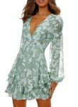Dokotoo Womens Ladies Casual Summer Birthday Spring Ruffle Elegant Floral Long Sleeve Tie Knot V Neck Cute Chiffon Boho Beach Tunic Swing A Line Mini Short Skater Dresses for Women 2024 Green Large