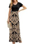 GRECERELLE Women's Short Sleeve Floral Print Loose Plain Maxi Dresses Casual Long Dress with Pockets, Flower Khaki, Large