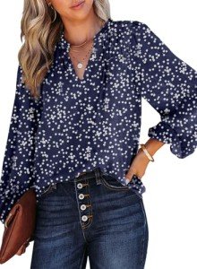 Dokotoo Womens Work Business Chiffon Blouses and Tops Loose Fit Dressy Alicia Floral Print V Neck Smocked Long Sleeve Shirts for Women Office Boho Top Trendy Blue Large