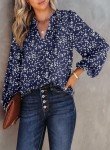 Dokotoo Womens Work Business Chiffon Blouses and Tops Loose Fit Dressy Alicia Floral Print V Neck Smocked Long Sleeve Shirts for Women Office Boho Top Trendy Blue Large