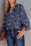 Dokotoo Womens Work Business Chiffon Blouses and Tops Loose Fit Dressy Alicia Floral Print V Neck Smocked Long Sleeve Shirts for Women Office Boho Top Trendy Blue Large