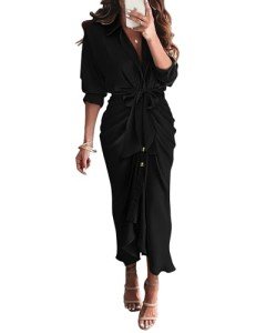 BTFBM Women Long Sleeve Satin Dress 2024 Spring Summer Lapel V Neck Button Down Belted Elegant Ruched Maxi Shirt Dresses(Solid Black, Medium)