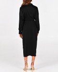 BTFBM Women Long Sleeve Satin Dress 2024 Spring Summer Lapel V Neck Button Down Belted Elegant Ruched Maxi Shirt Dresses(Solid Black, Medium)