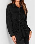 BTFBM Women Long Sleeve Satin Dress 2024 Spring Summer Lapel V Neck Button Down Belted Elegant Ruched Maxi Shirt Dresses(Solid Black, Medium)