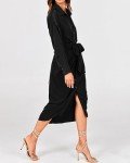 BTFBM Women Long Sleeve Satin Dress 2024 Spring Summer Lapel V Neck Button Down Belted Elegant Ruched Maxi Shirt Dresses(Solid Black, Medium)