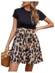 SweatyRocks Women's Graphic Short Sleeve Belted Mini Dress A Line Flared Skater Dresses Black Brown S