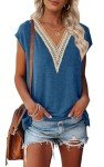 MEROKEETY Lace Print V Neck Top - DarkBlue