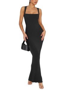 REORIA Womens 2024 Trendy Summer Sexy Square Neck Lounge Long Dress Formal Elegant Sleeveless Ribbed Wedding Guest Bodycon Maxi Dress for Women Black X-Small