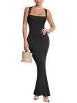 REORIA Womens 2024 Trendy Summer Sexy Square Neck Lounge Long Dress Formal Elegant Sleeveless Ribbed Wedding Guest Bodycon Maxi Dress for Women Black X-Small