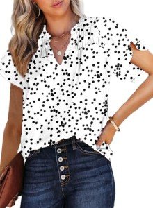 Dokotoo Womens Juniors Summer Tops 2024 Fashion Trendy Casual Dressy Fall Smocked Short Sleeve T Shirts Alicia Flower Print V Neck Business Work Tunic Bohemian Floral Top Medium White