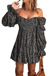 Dokotoo Womens Juniors Cute Spring Casual Summer Dress Sexy Off The Shoulder V Neck Lantern Long Sleeve Ruffle Floral Flowy Empire Waist Mini Short Dress Party Skater Dresses for Women Black Large